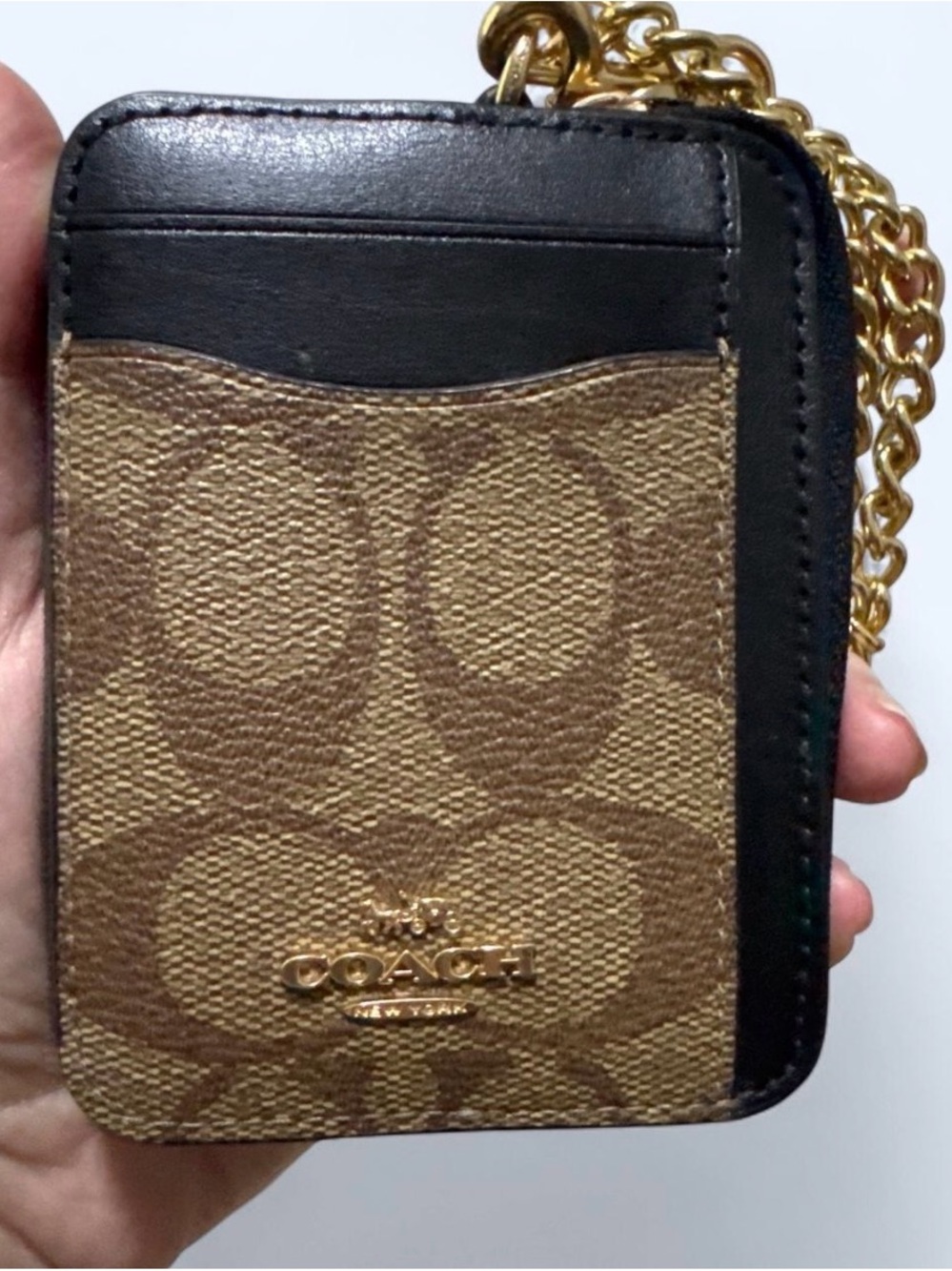 Coach Brown and Black Signature Card Holder with Gold Chain